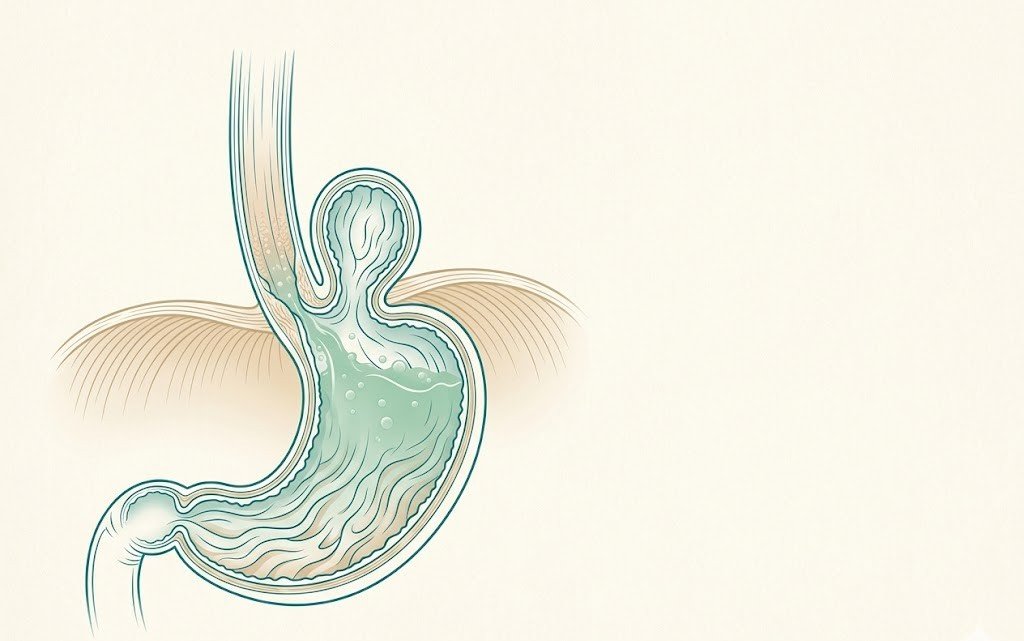 Anatomical illustration of the stomach and acid reflux at the gastro-esophageal junction